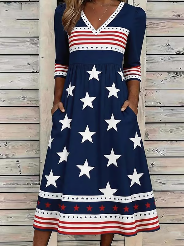 Fun Star Stripes Print Pocket Casual Dress