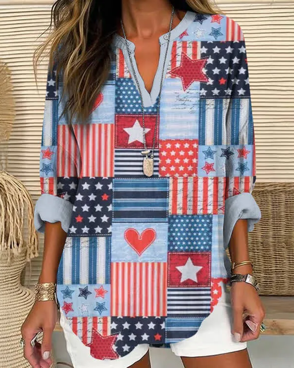 Geometric Star Patch V-Neck Long Sleeve Blouse