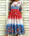 Gradient-Colored Roses Print Pocket Casual Dress