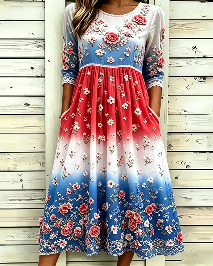 Gradient-Colored Roses Print Pocket Casual Dress
