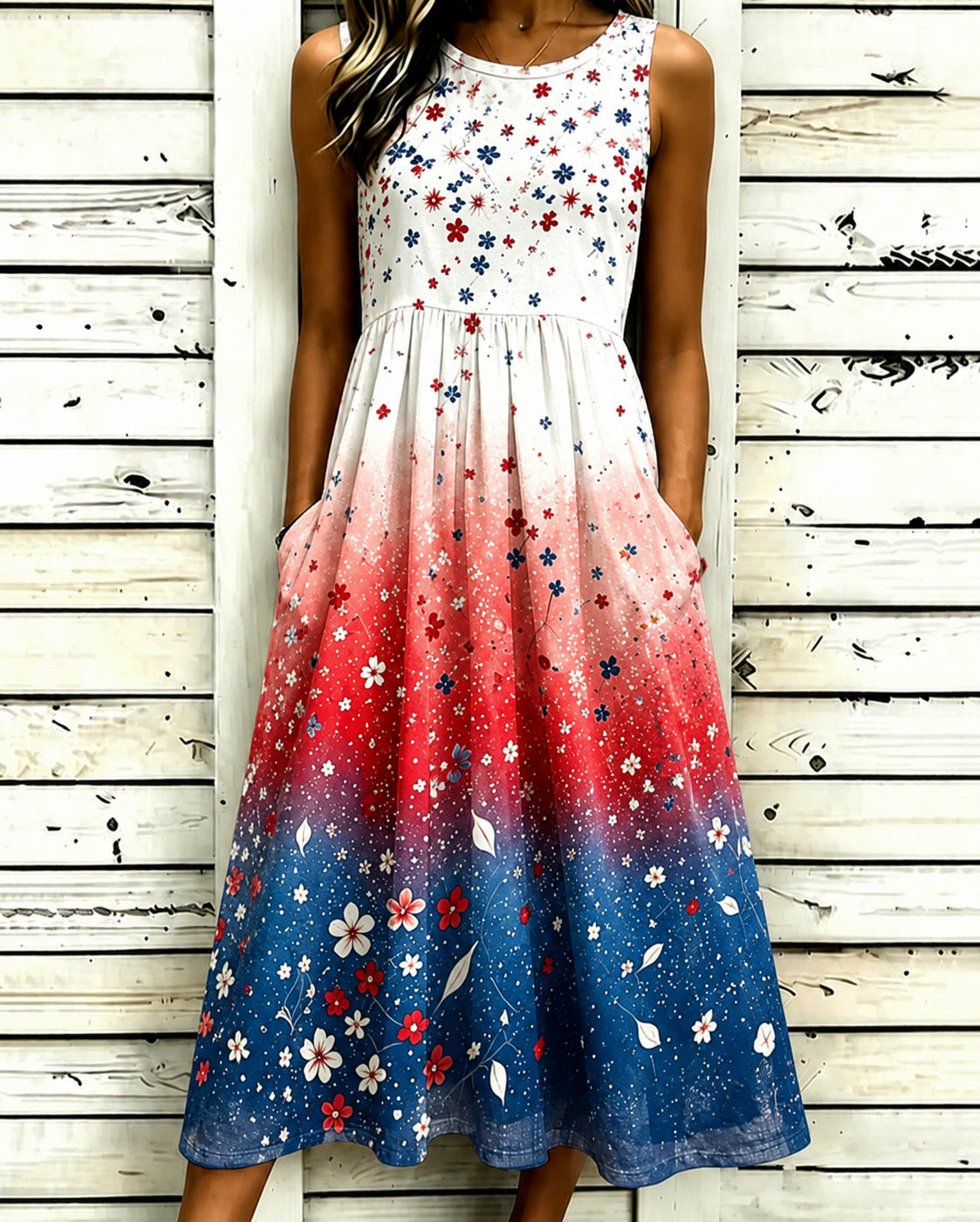 Gradient Bohemian Floral Sleeveless Pockets Casual Dress