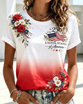 Gradient Color National Flag Flowers Print Crew Neck Short Sleeve Tshirt