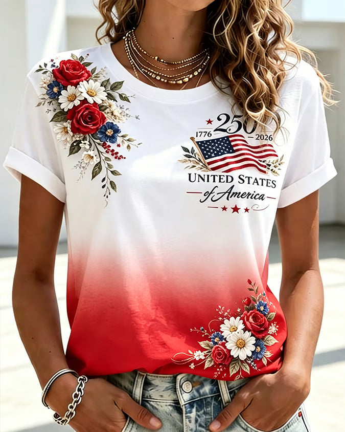 Gradient Color National Flag Flowers Print Crew Neck Short Sleeve Tshirt