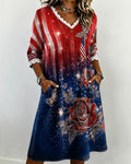 Gradient Color National Flag Rose Print V-Neck Lace-Paneled Cotton Linen Casual Dress