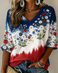 Gradient Floral Print V-neck Half Sleeved Loose Top