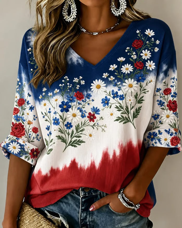 Gradient Floral Print V-neck Half Sleeved Loose Top