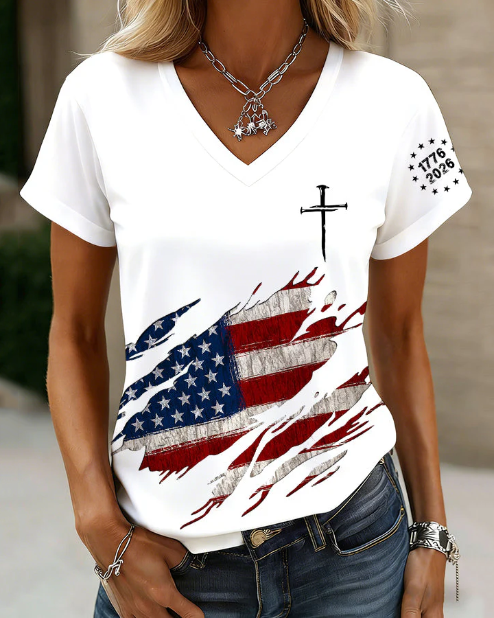 Graffiti-style Flag Cross V Neck Short Sleeve Tshirt