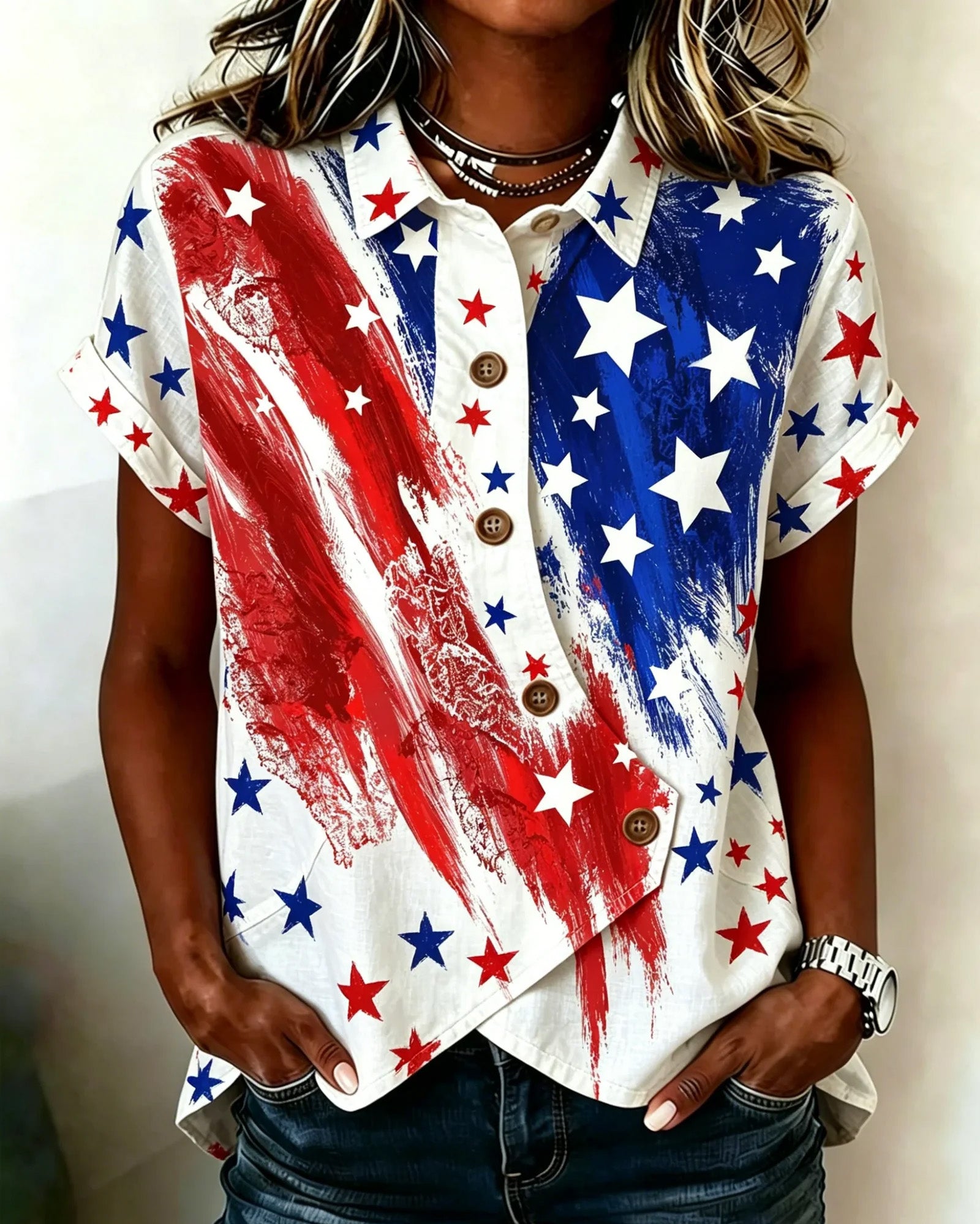 Graffiti-style Flag and Stars Print Lapel Button-Down Short-Sleeved Shirt
