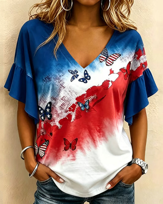 Color-blocked Star Print V-Neck Lace Sleeve T-shirt