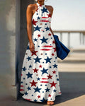 Graffiti Stripes and Stars Halter Neck High Waist Maxi Dress