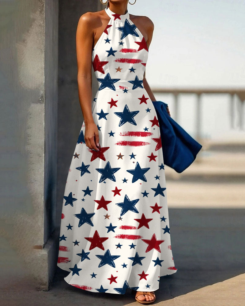 Graffiti Stripes and Stars Halter Neck High Waist Maxi Dress