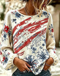 Graffiti National Flag and Flowers Print Round Neck Puff Sleeves Blouse