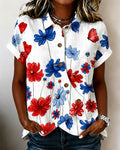 Independence Day-Themed Flowers Print Lapel Button-Down Short-Sleeved Shirt