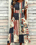 Independence Day Flag Floral Print Pocket Casual Dress