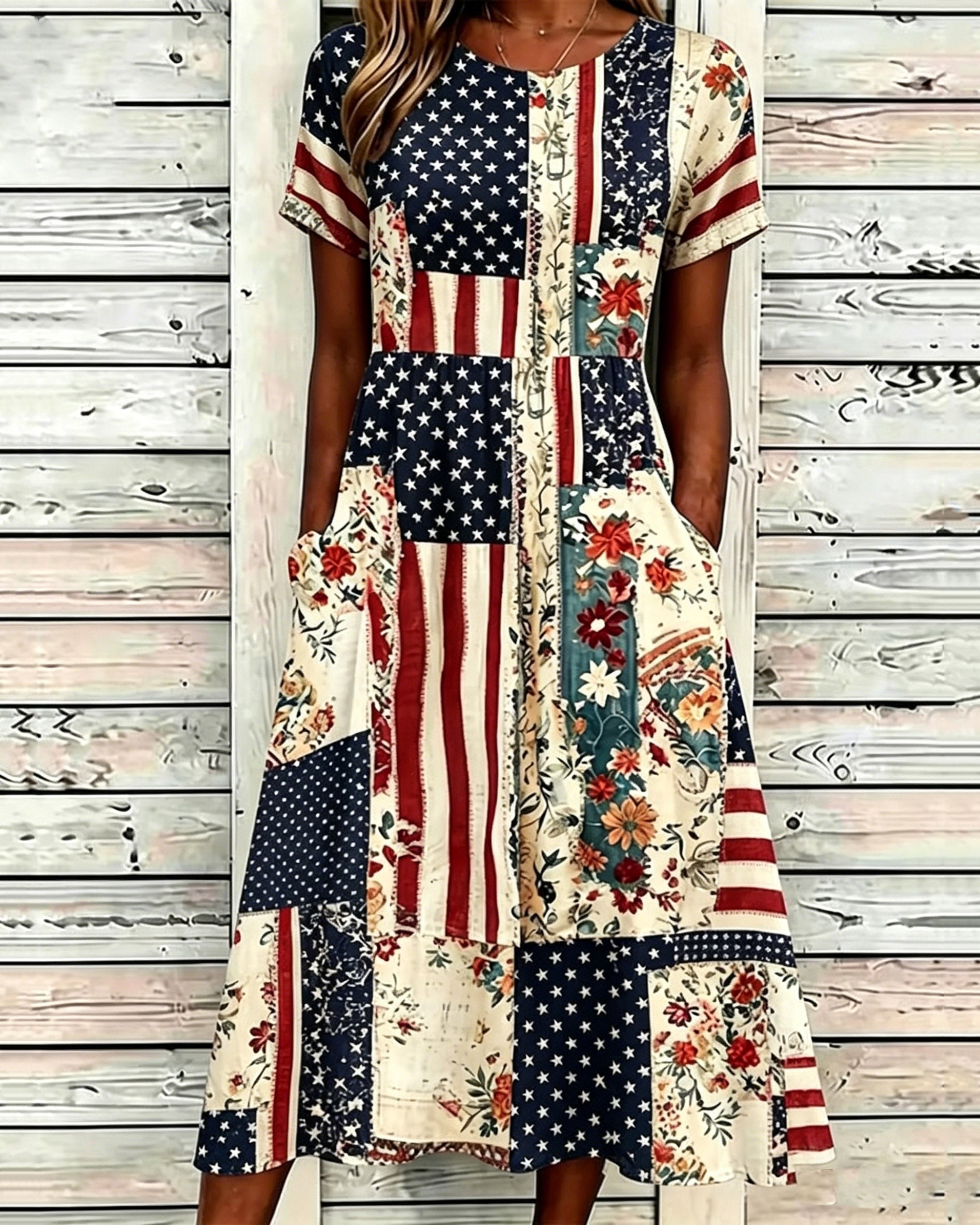 Independence Day Flag Floral Print Pocket Casual Dress