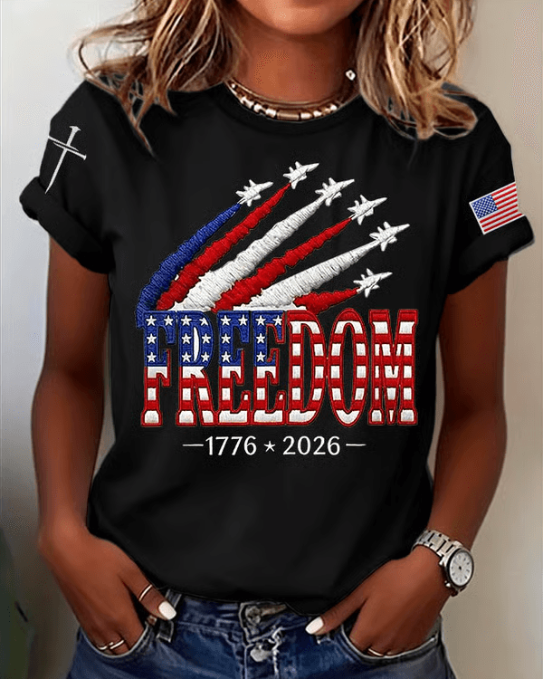 Independence Day Freedom Stamp Print Crew Neck Short Sleeve Tshirt