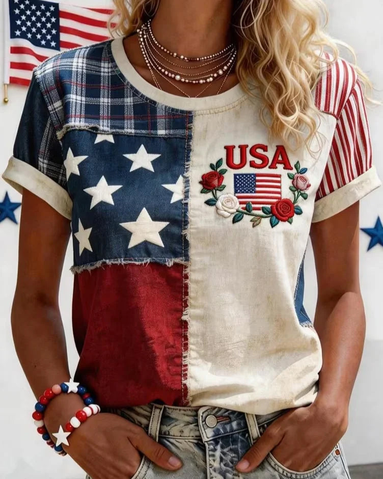 Independence Day (Flag) Print Crew Neck Short Sleeve Tshirt
