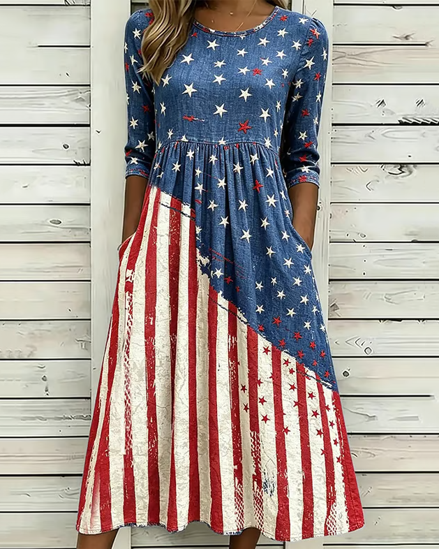 Independence Day Striped Star Print Pocket Casual Dress