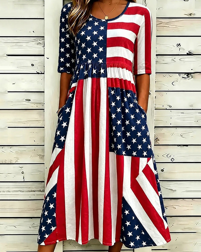 Irregular American Flag Print Pocket Casual Dress