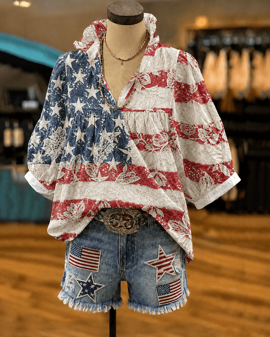 Lace American Flag Print V‑Neck Puff Sleeve Blouse
