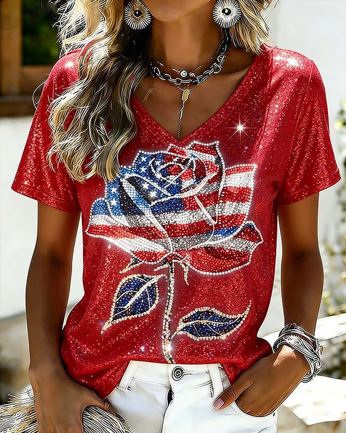 Large Rose Print with National Flag Print V-neck Short Sleeve Tshirt