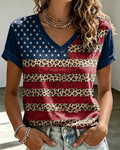 Leopard Print American Flag Print V-neck Short Sleeve Tshirt