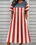National Flag Floral Print Cotton Linen Print Pocket Casual Dress