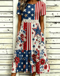 National Flag Flower Lace Patchwork Print Pocket Casual Dress