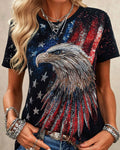 National Flag & Flying Eagle Hot-Fix Rhinestone Crew Neck Short Sleeve Tshirt
