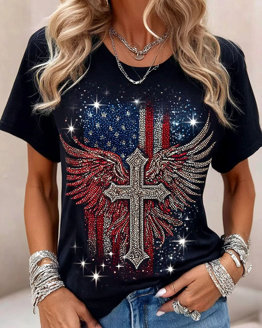 National Flag and Cross Wings Crew Neck Short Sleeve Tshirt