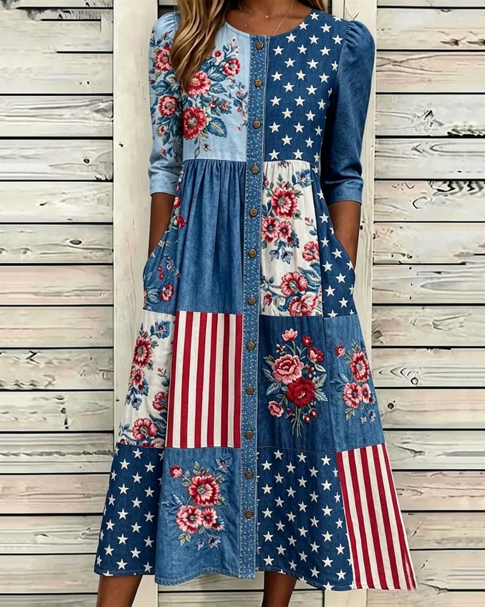 National Flag and Floral Denim Print Pocket Casual Dress