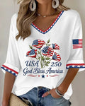 National Flag and Floral Print V-neck Half Sleeved Loose Top