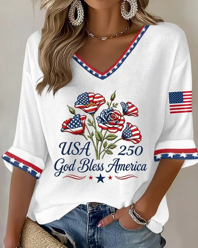 National Flag and Floral Print V-neck Half Sleeved Loose Top