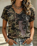 National Flag Camouflage Rose Print V-neck Short Sleeve Tshirt