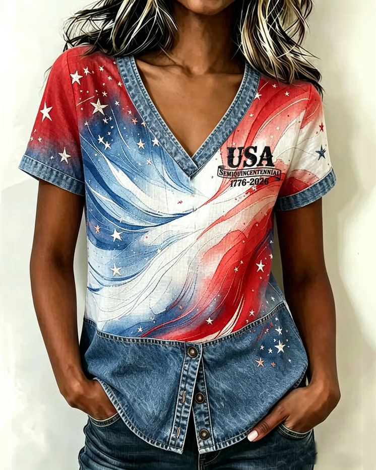 National Flag Color Tie-dye Print V-Neck Patchwork Top