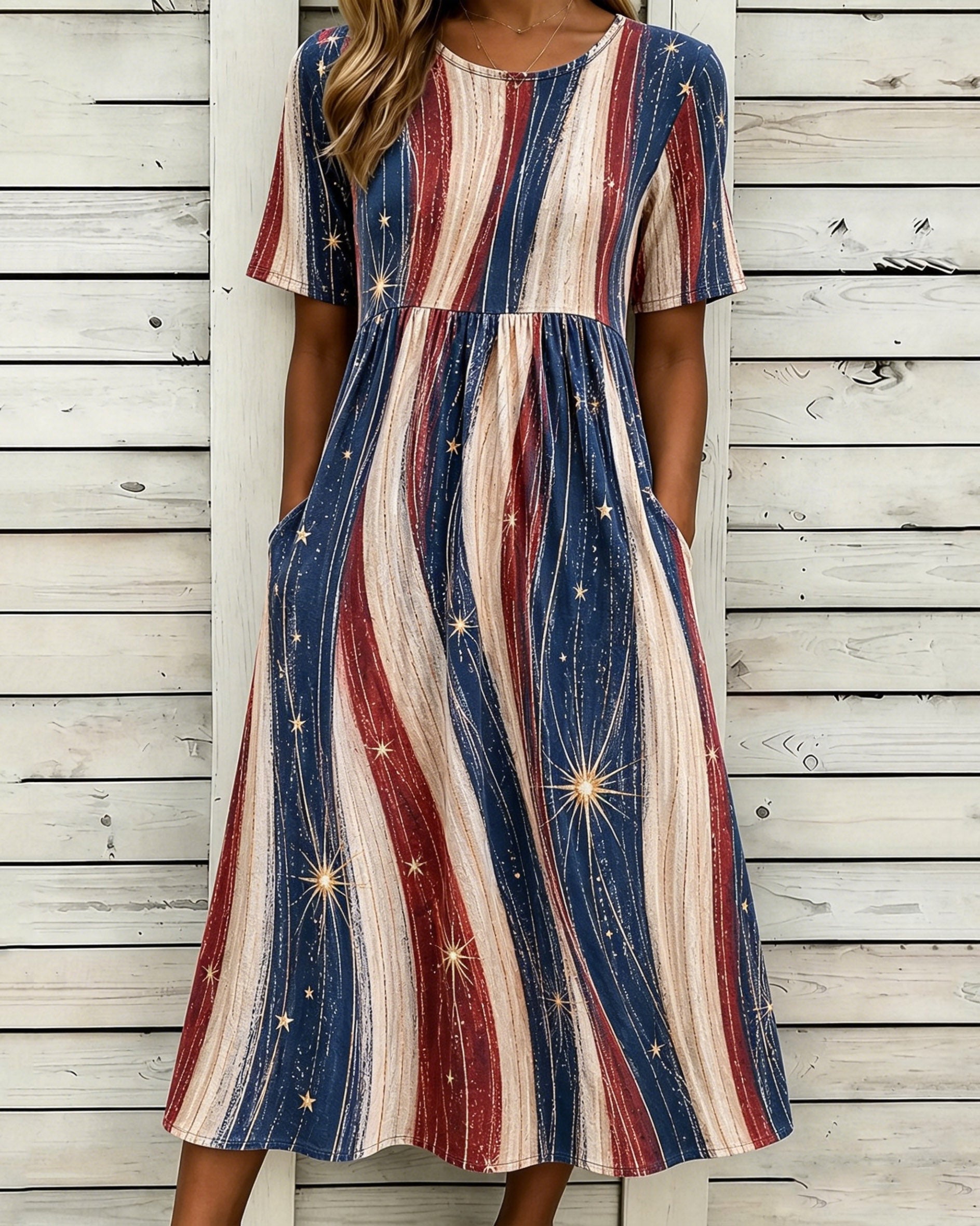 National Flag Color Wavy Stripes Print Pocket Casual Dress
