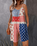National Flag Floral Lace Print Sleeveless Cami Short Jumpsuit With Side Pockets