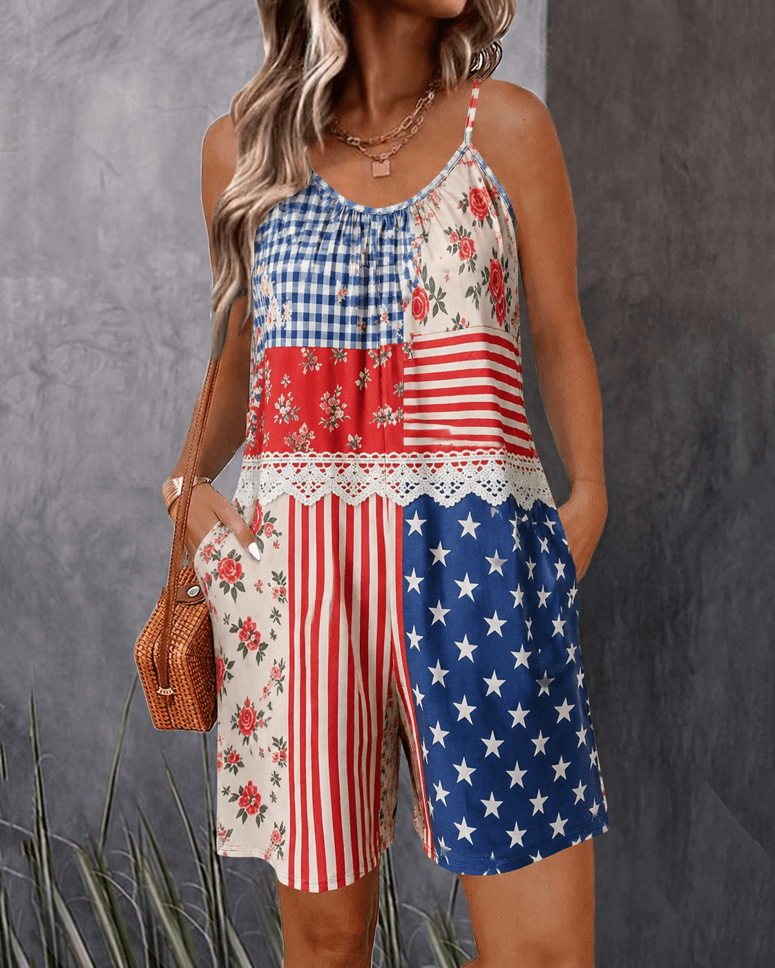 National Flag Floral Lace Print Sleeveless Cami Short Jumpsuit With Side Pockets