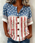 National Flag Floral Patchwork Prints Cotton Linen Shirt
