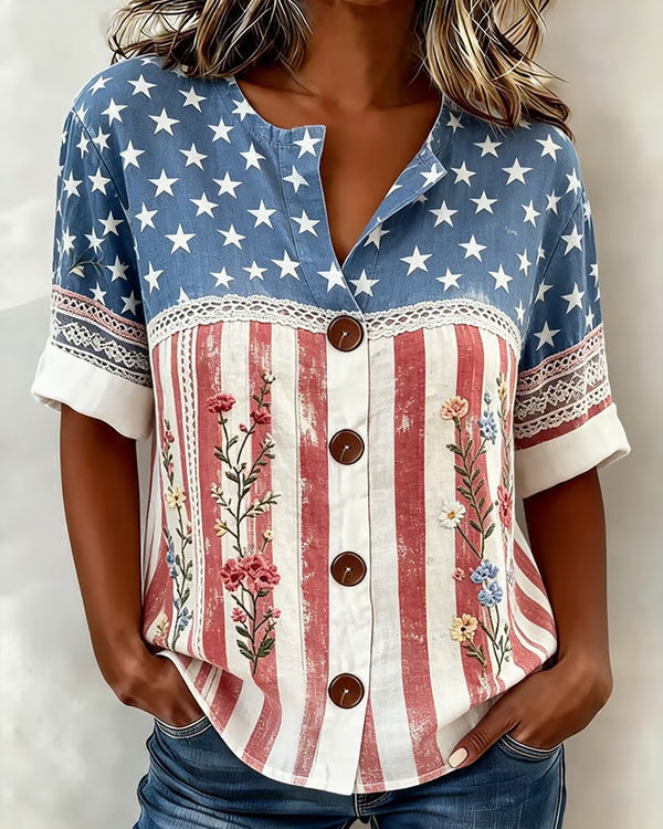 National Flag Floral Patchwork Prints Cotton Linen Shirt