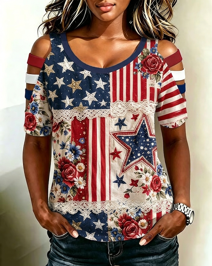 National Flag Flower Lace Patchwork Round Neck Hollowed-out Short Sleeve Top