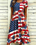 National Flag Flower Splicing Print Pocket Casual Dress