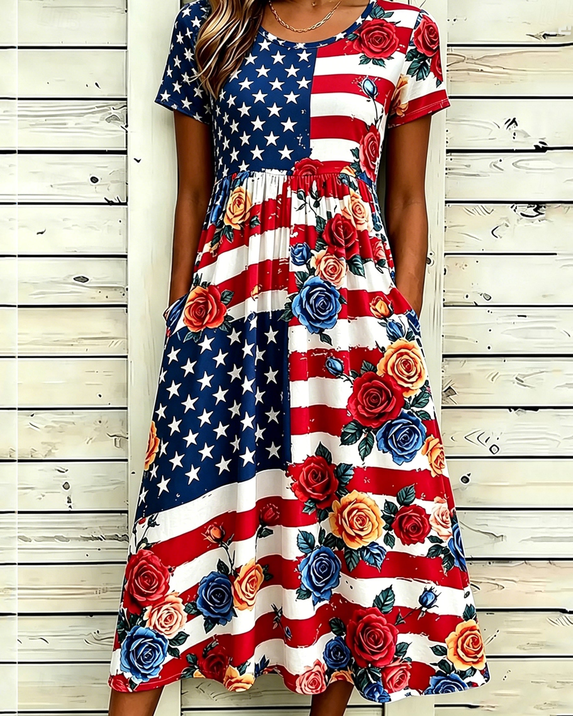 National Flag Flower Splicing Print Pocket Casual Dress