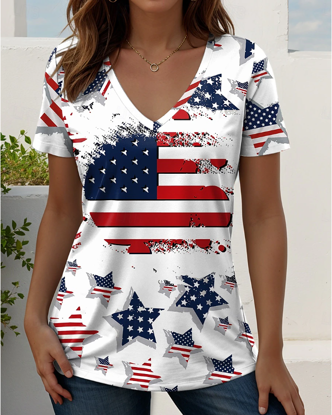 National Flag Star Splicing Print V-neck Short Sleeve Tshirt