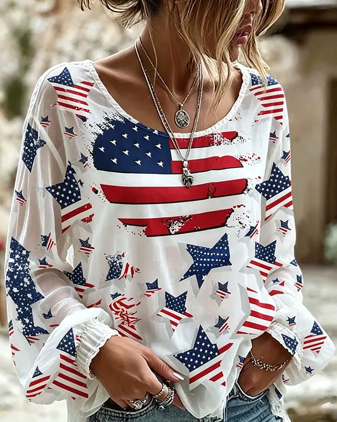 National Flag Stars and Hearts Print Round Neck Puff Sleeves Blouse