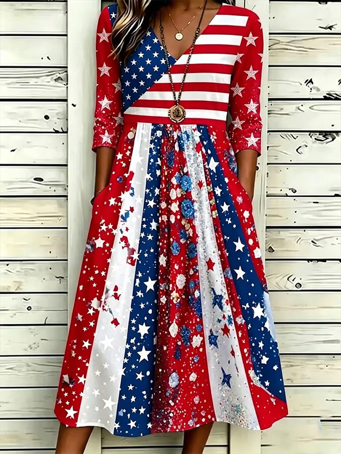 National Flag Stripes Polka Dots Stars Print Pocket Casual Dress