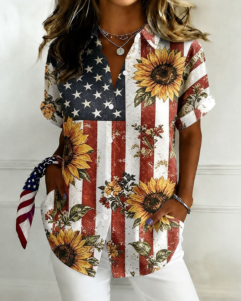 National Flag Sunflower Print Lapel Button-Down Short-Sleeved Shirt
