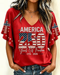Patriotic 4th of July V-Neck Lace Sleeve T-shirt