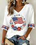 Polka-Dot Flags and Floral Prints V-neck Half Sleeved Loose Top