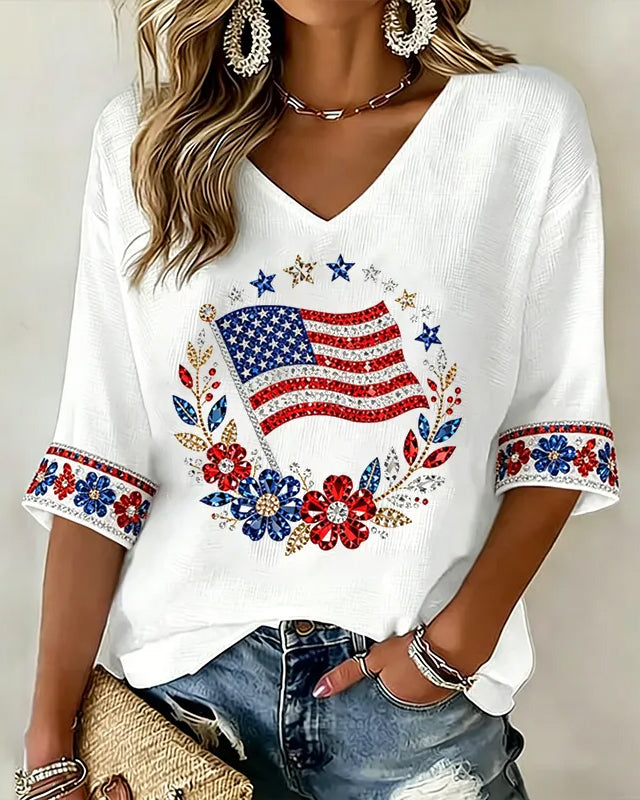 Polka-Dot Flags and Floral Prints V-neck Half Sleeved Loose Top